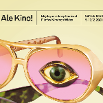 Festival poster - golden spectacles with pink glasses in one of which there is an eye. At the top of the poster - information about the festival.