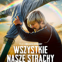 Film poster: a man shoring up a cross, which is partly covered with a cloth. A rainbow in a background.