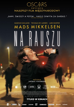 Film poster: a man drinking champagne from a bottle, a few people as a background.