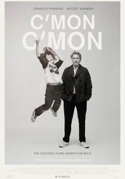 Black and white film poster: a man standing with his hands in pockets and a boy jumping with his hands and legs up. The title of a film as a background.