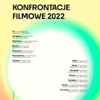 Festival poster - titles of films presented during the Festival; as a background - white-green-yellow circle.
