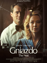 Film poster: picture of a man in white shirt and a bow-tie and a woman in blue dress; a man stands behind a woman.