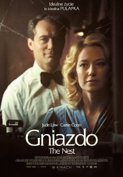 Film poster: picture of a man in white shirt and a bow-tie and a woman in blue dress; a man stands behind a woman.