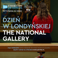 Event poster: photo of a woman sitting on a bench in a gallery and looking at the picture. Information about the event on the picture.