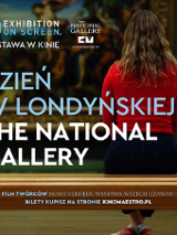 Event poster: photo of a woman sitting on a bench in a gallery and looking at the picture. Information about the event on the picture.