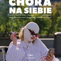 Film poster: a woman with bandaged head, in sunglasses, holding a cigarette in one hand and a cell-phone in another.