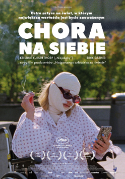 Film poster: a woman with bandaged head, in sunglasses, holding a cigarette in one hand and a cell-phone in another.