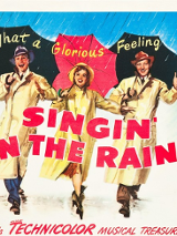 Film poster: drawing of three people in coats under umbrellas and information about the movie.