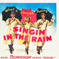 Film poster: drawing of three people in coats under umbrellas and information about the movie.