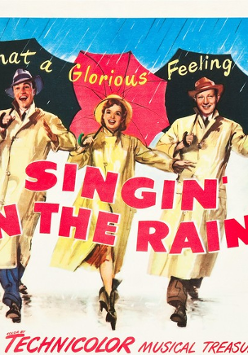 Film poster: drawing of three people in coats under umbrellas and information about the movie.