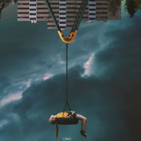 Film poster: a girl on a swing, which is upside down. Dark clouds and an upside-down block of flats in the background.