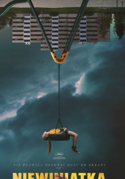 Film poster: a girl on a swing, which is upside down. Dark clouds and an upside-down block of flats in the background.