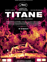 FIlm poster: a woman in fishnet tights who is lying over the hood of a Cadillac. Flames around the car