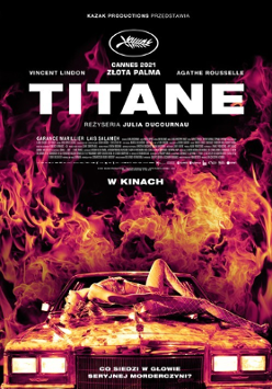 FIlm poster: a woman in fishnet tights who is lying over the hood of a Cadillac. Flames around the car