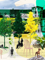Photomontage. In the background, a black and white photo of the Castle facade covered with green ivy and dark green and yellow trees. In front of the Castle, black and white cut-out silhouettes of people relaxing in the courtyard, pink garden furniture and a dog.