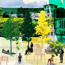 Photomontage. In the background, a black and white photo of the Castle facade covered with green ivy and dark green and yellow trees. In front of the Castle, black and white cut-out silhouettes of people relaxing in the courtyard, pink garden furniture and a dog.