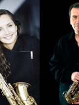 Photo of the musicians - a woman and a man, each of them holding a sax.