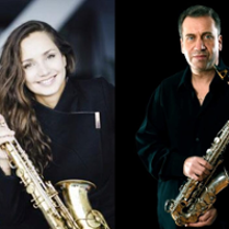Photo of the musicians - a woman and a man, each of them holding a sax.