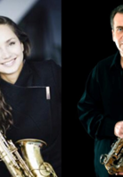 Photo of the musicians - a woman and a man, each of them holding a sax.