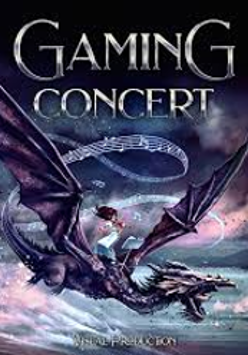 Concert poster in blue colours - a flying dragon with a person on it