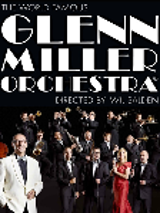 Event poster - picture of the Orchestra on the dark background and white inscription "Glenn Miller Orchestra"