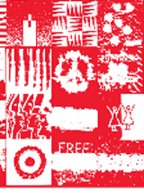 The red and white graphic art consisting of squares with various symbols