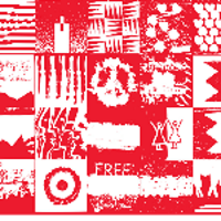 The red and white graphic art consisting of squares with various symbols