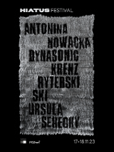 Gray rectangle on black background. Black inscriptions with the band names on the gray rectangle.