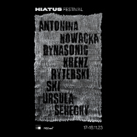 Gray rectangle on black background. Black inscriptions with the band names on the gray rectangle.