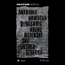 Gray rectangle on black background. Black inscriptions with the band names on the gray rectangle.