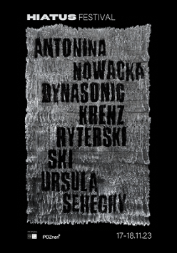 Gray rectangle on black background. Black inscriptions with the band names on the gray rectangle.