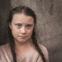 Picture of a girl in braids who is looking into the camera. Grey background.
