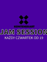 "Jam session" inscription and information about the event on violet background
