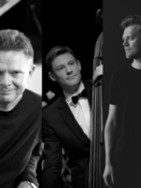 Picture divided into three: three black and white photos of members of the band