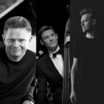 Picture divided into three: three black and white photos of members of the band