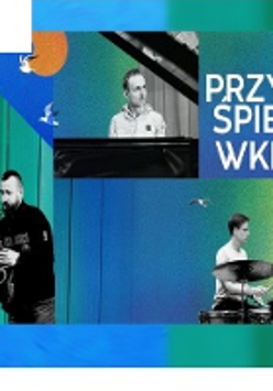 Concert poster in blue and green colors; photos of musicians playing musical instruments