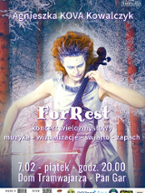 Concert poster. Woman playing cello, wearing frosty makeup and white dress, on the background of frosted pine trees. Name "Agnieszka KOVA Kowalczyk" at the top and more information about the event and the botom of the poster, all text in white font.