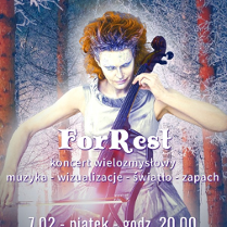 Concert poster. Woman playing cello, wearing frosty makeup and white dress, on the background of frosted pine trees. Name "Agnieszka KOVA Kowalczyk" at the top and more information about the event and the botom of the poster, all text in white font.