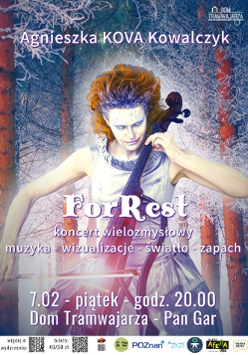 Concert poster. Woman playing cello, wearing frosty makeup and white dress, on the background of frosted pine trees. Name "Agnieszka KOVA Kowalczyk" at the top and more information about the event and the botom of the poster, all text in white font.