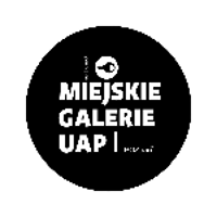 Logo of MIejskie Galerie UAp - black circle with white captions on it