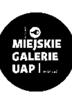 Logo of MIejskie Galerie UAp - black circle with white captions on it
