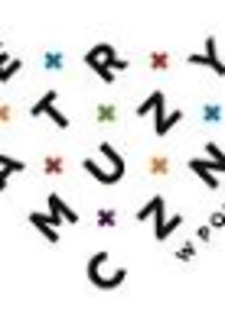 Black letters and colourful small crosses on white background