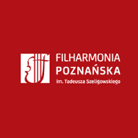 Logo of Poznań Philharmonic in dark red and white colours.