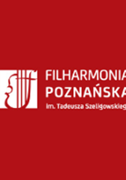 Logo of Poznań Philharmonic in dark red and white colours.