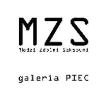 Black inscription MZS Młodzi Zdolni Seksowni on a white background, in the bottom the name of the gallery
