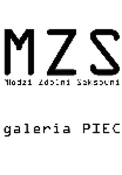 Black inscription MZS Młodzi Zdolni Seksowni on a white background, in the bottom the name of the gallery