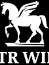 White Pegasus on a black background, white lettering on the bottom of the picture