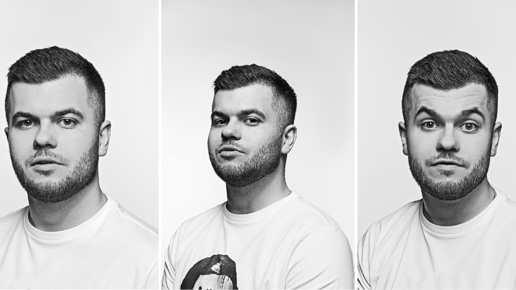 3 black and white photos of Łukasz Ojdana, who is looking at the camera with various facial expressions