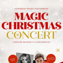 Poster with the concert title - red and golden letters on bright, with snowflakes, background.