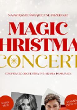 Poster with the concert title - red and golden letters on bright, with snowflakes, background.